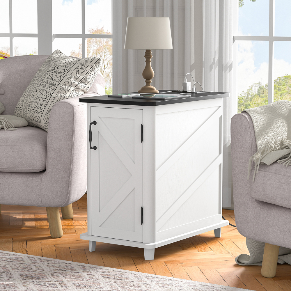 Anmytek Nightstand with Charging Station, Farmhouse End Table, Wood Side Table for Bedroom