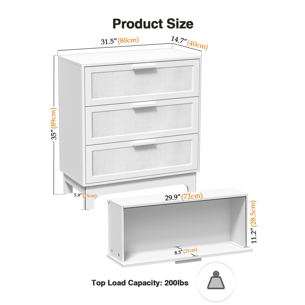 Anmytek 35" H White Rattan Dresser, Farmhouse 3 Drawer Dresser with Natural Rattan Chests for Bedroom