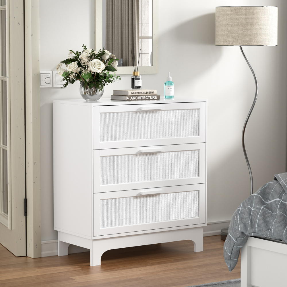 Anmytek 35" H White Rattan Dresser, Farmhouse 3 Drawer Dresser with Natural Rattan Chests for Bedroom