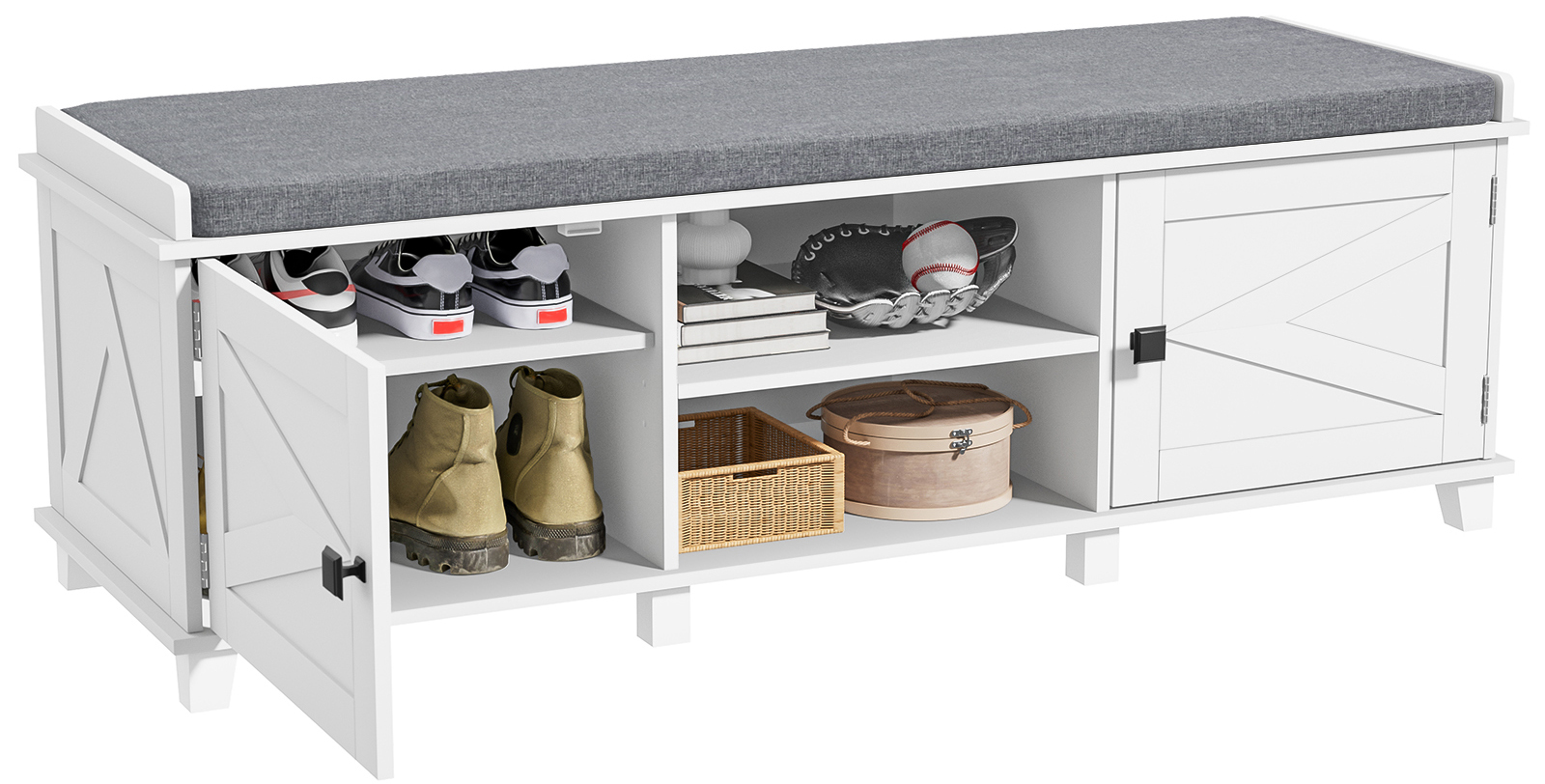 Anmytek Farmhouse White Shoe Storage Bench with Cushion Seat, Wood Storage Bench for Entryways