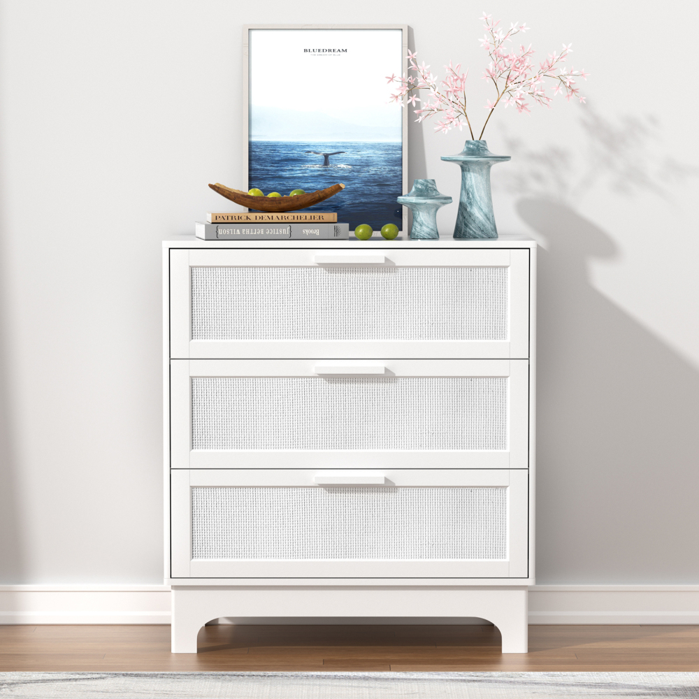 Anmytek 35" H White Rattan Dresser, Farmhouse 3 Drawer Dresser with Natural Rattan Chests for Bedroom