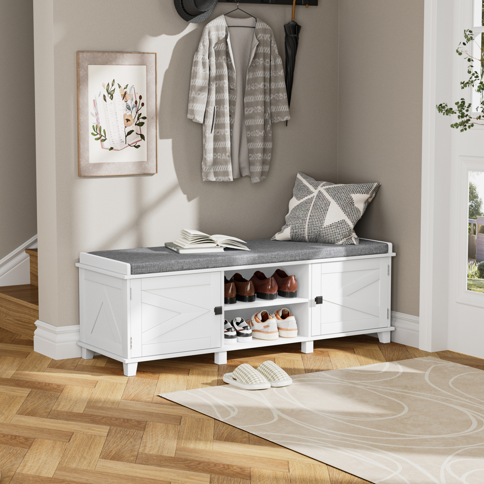 Anmytek Farmhouse White Shoe Storage Bench with Cushion Seat, Wood Storage Bench for Entryways