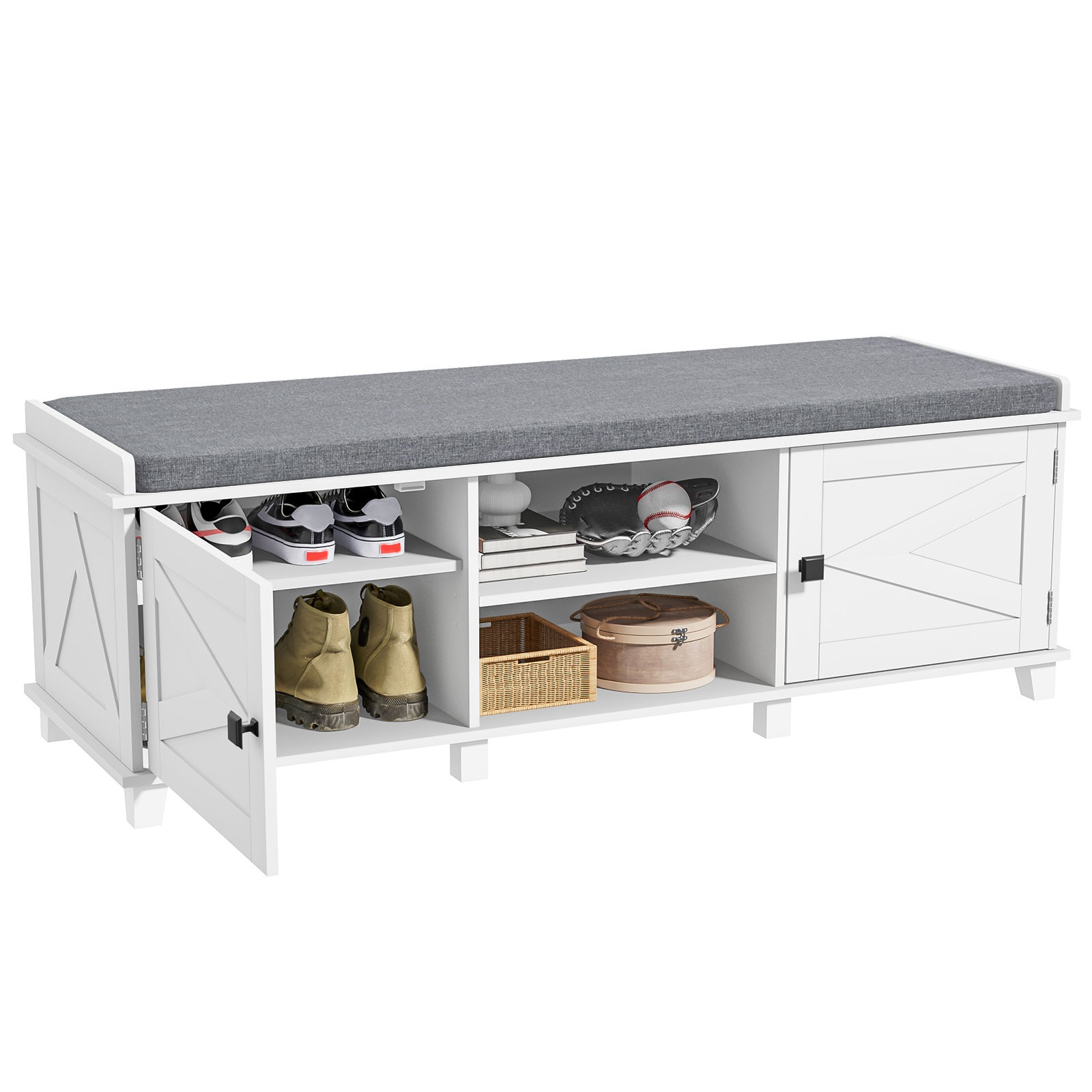 Anmytek Farmhouse White Shoe Storage Bench with Cushion Seat, Wood Storage Bench for Entryways