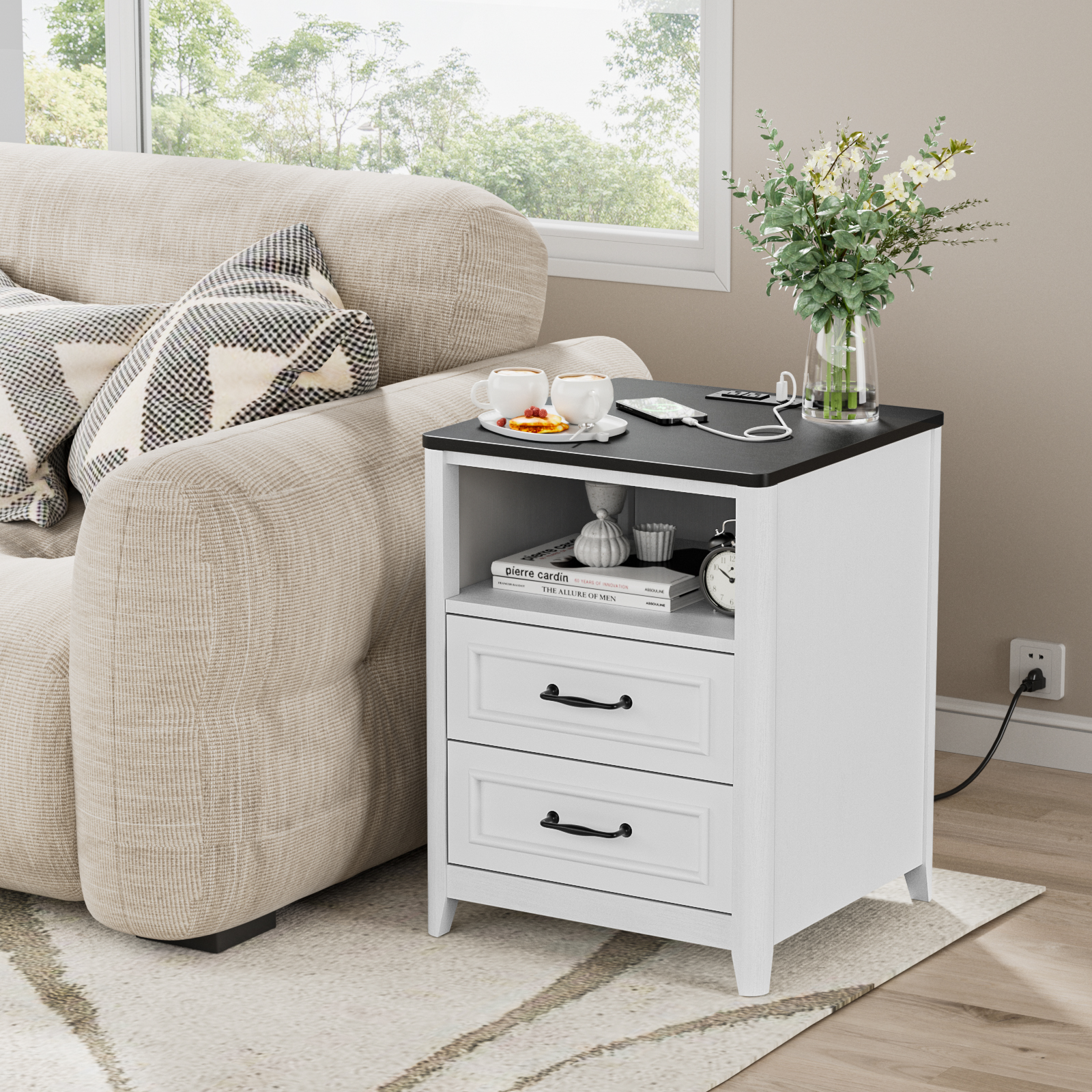 Anmytek Nightstand wtih Charging Station, Farmhouse End Table with