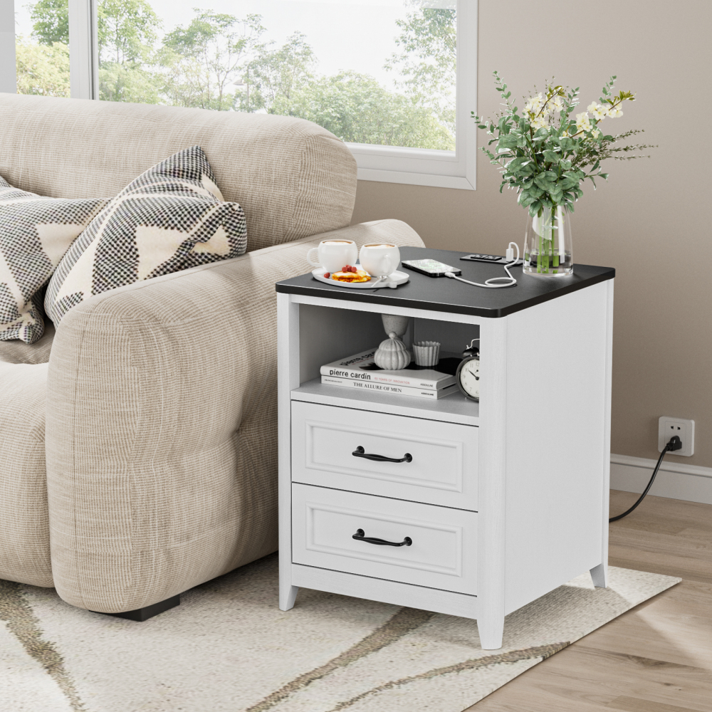 Anmytek Nightstand wtih Charging Station, Farmhouse End Table with 2 Drawers Storage
