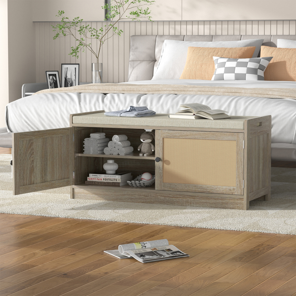 Anmytek Rattan Shoe Bench, Entryway Bench with Shoe Storage, Wooden Shoe Rack Bench with Cushion Seat