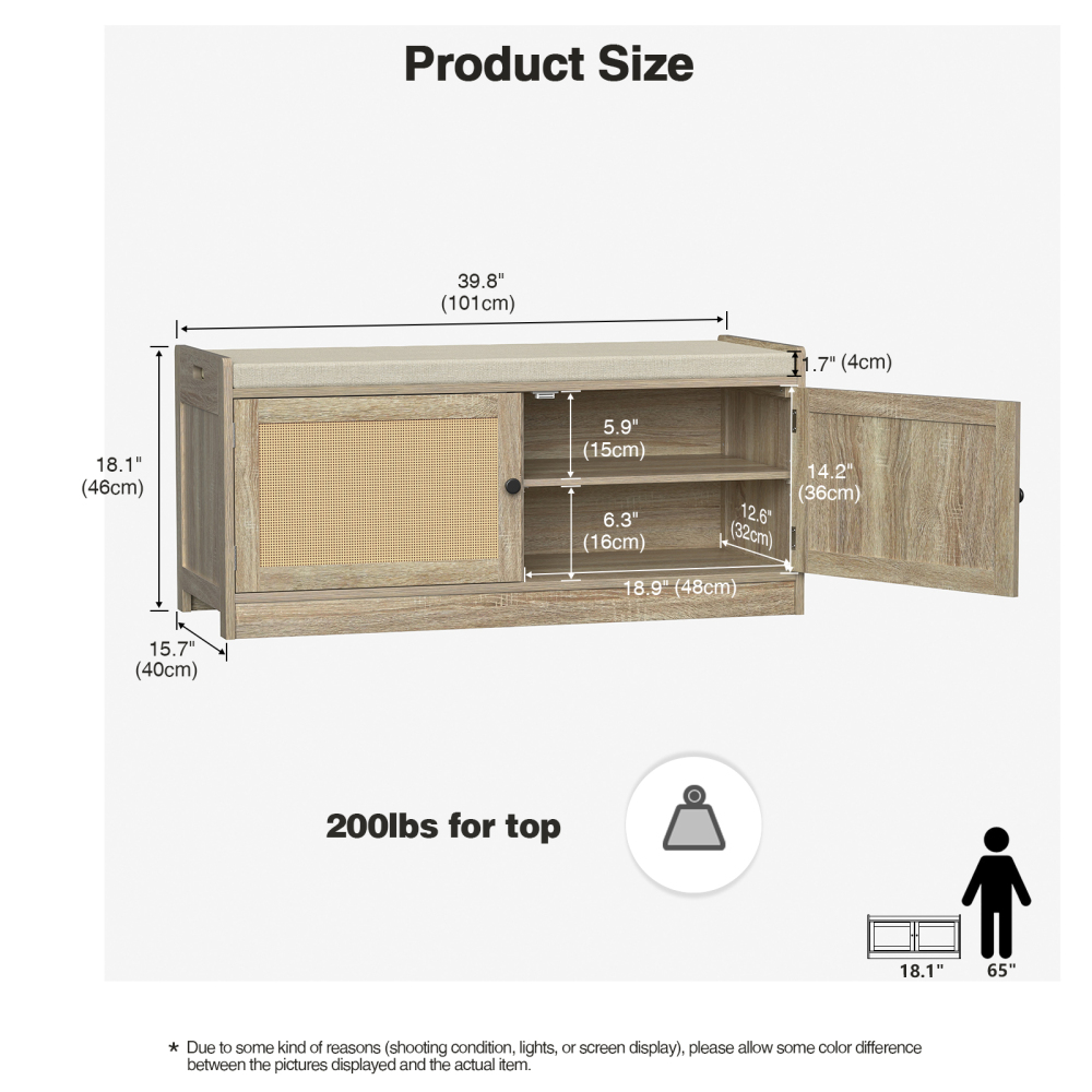 Anmytek Rattan Shoe Bench, Entryway Bench with Shoe Storage, Wooden Shoe Rack Bench with Cushion Seat
