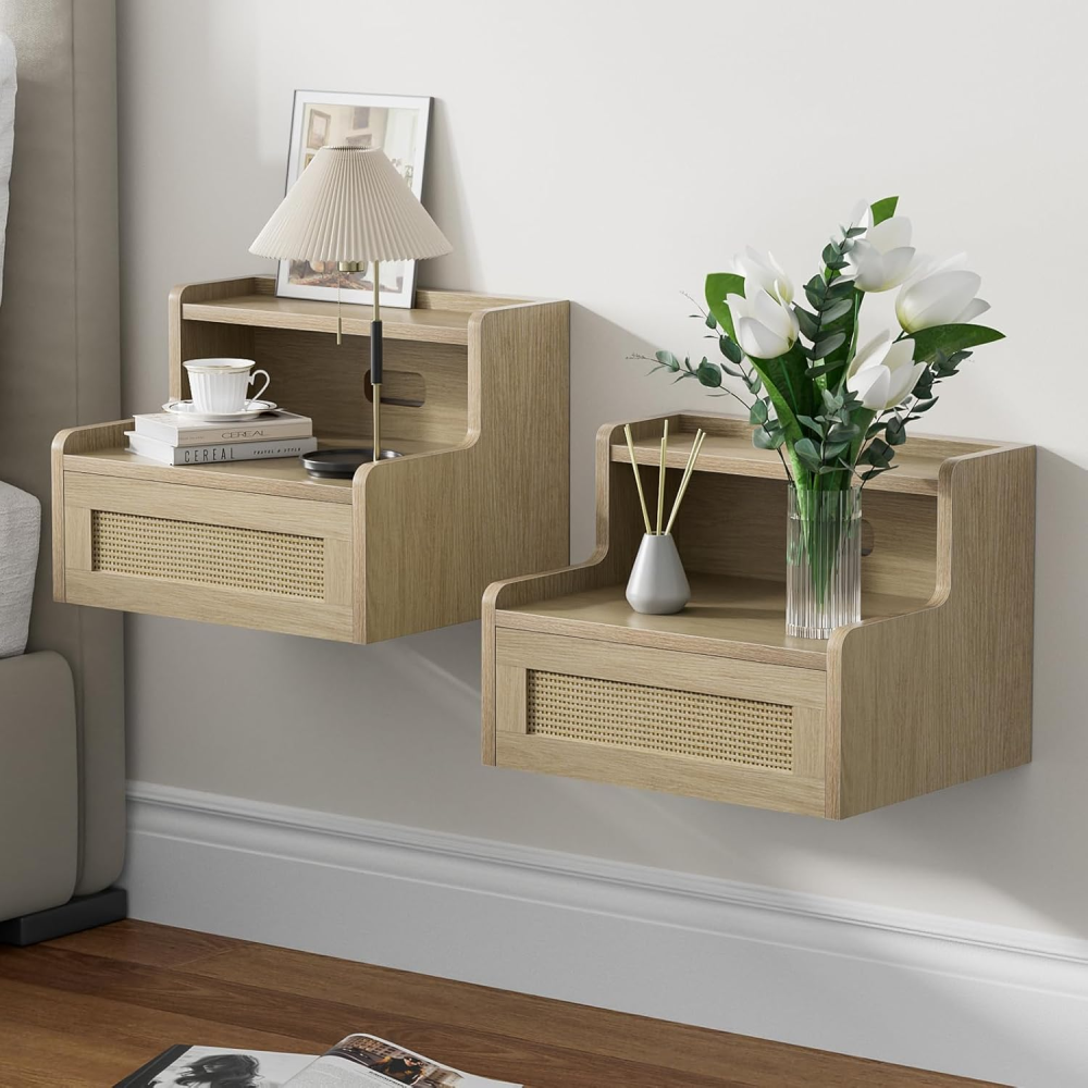 Anmytek Floating Nightstand Set of 2 with Drawer & Open Shelf, Small Bedside Table for Bedroom