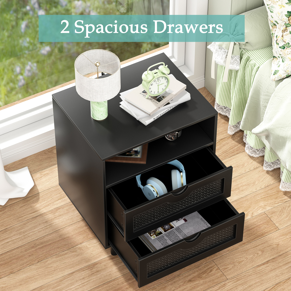 Anmytek Rattan Nightstand with 2 Drawers, 1 Open Storage Shelf, Bedside Table