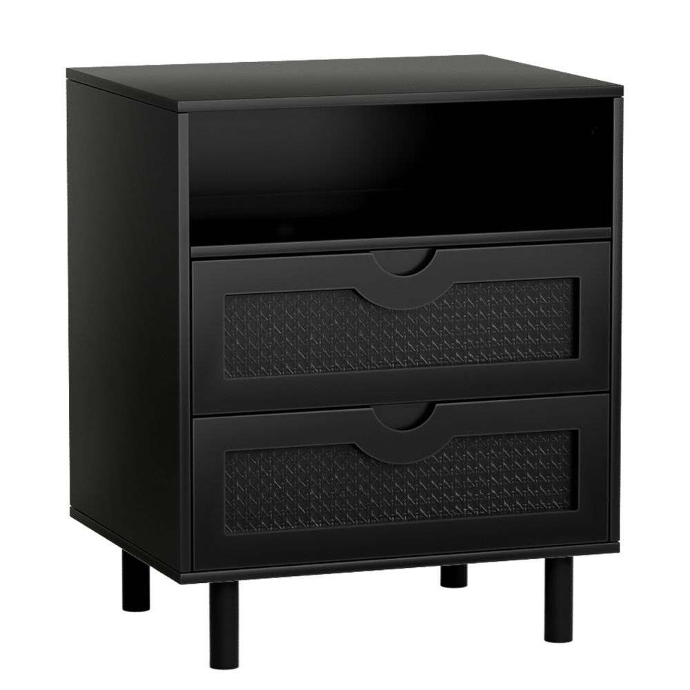 Anmytek Rattan Nightstand with 2 Drawers, 1 Open Storage Shelf, Bedside Table