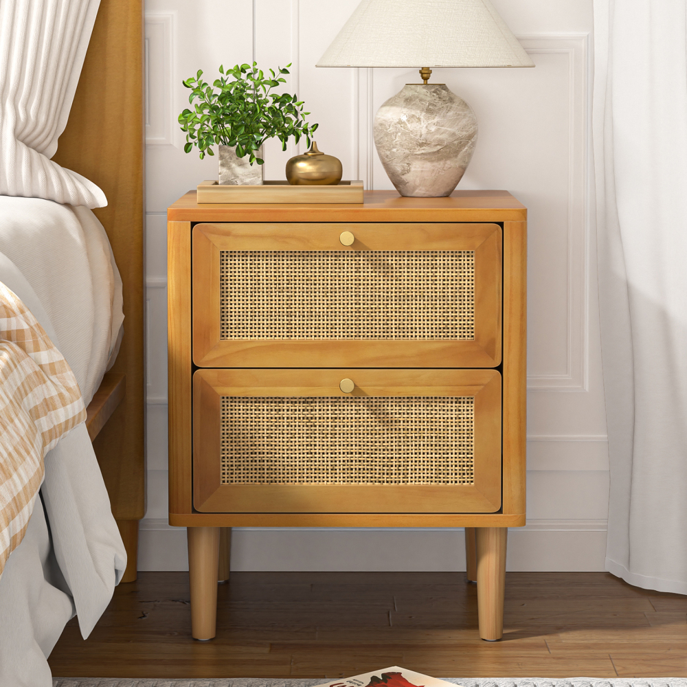 Anmytek Rattan Nightstand with 2 Drawers, Solid Wood Bedside Table, Boho Night Stand