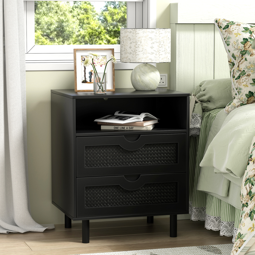 Anmytek Rattan Nightstand with 2 Drawers, 1 Open Storage Shelf, Bedside Table