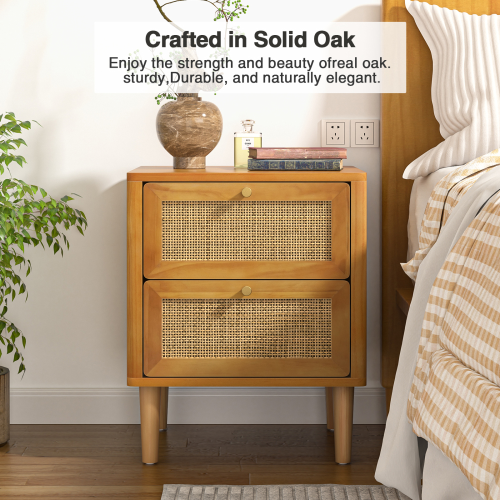 Anmytek Rattan Nightstand with 2 Drawers, Solid Wood Bedside Table, Boho Night Stand
