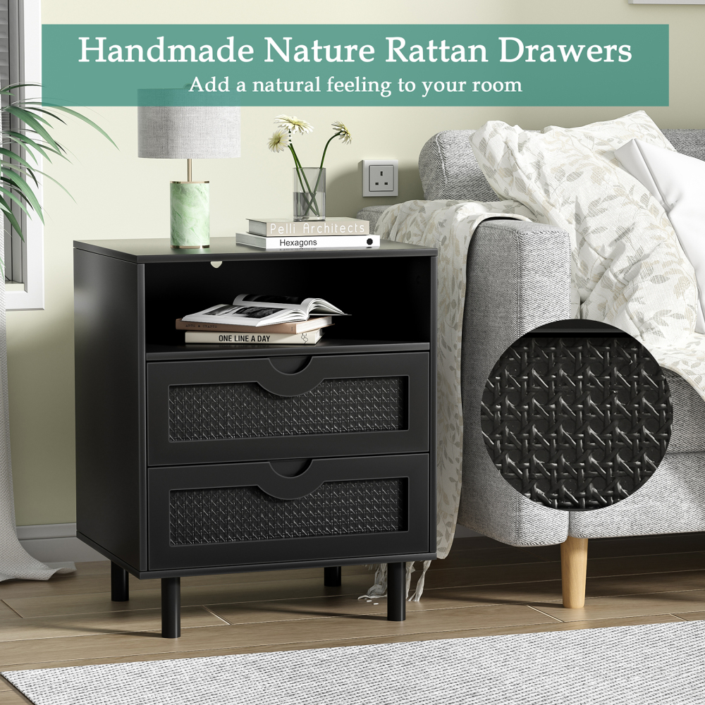 Anmytek Rattan Nightstand with 2 Drawers, 1 Open Storage Shelf, Bedside Table