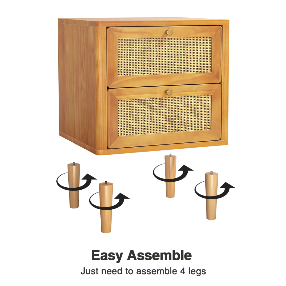 Anmytek Rattan Nightstand with 2 Drawers, Solid Wood Bedside Table, Boho Night Stand