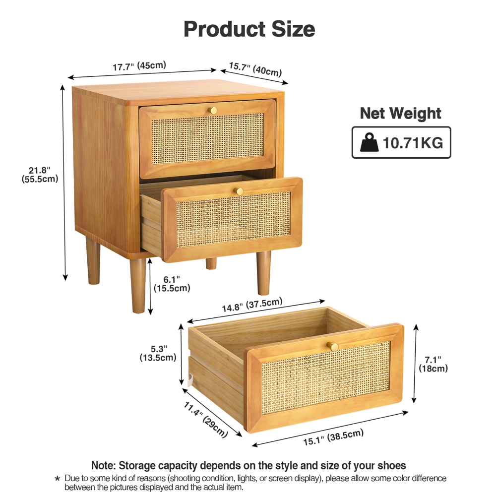 Anmytek Rattan Nightstand with 2 Drawers, Solid Wood Bedside Table, Boho Night Stand