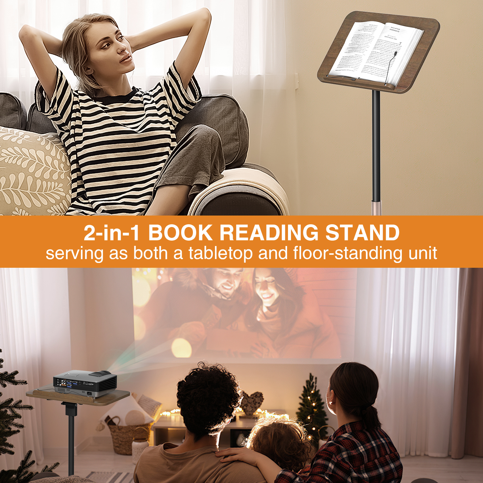 Anmytek Adjustable Floor Book Stand with Elastic Page Clips, Wooden Music Stand, Book Reading Holder