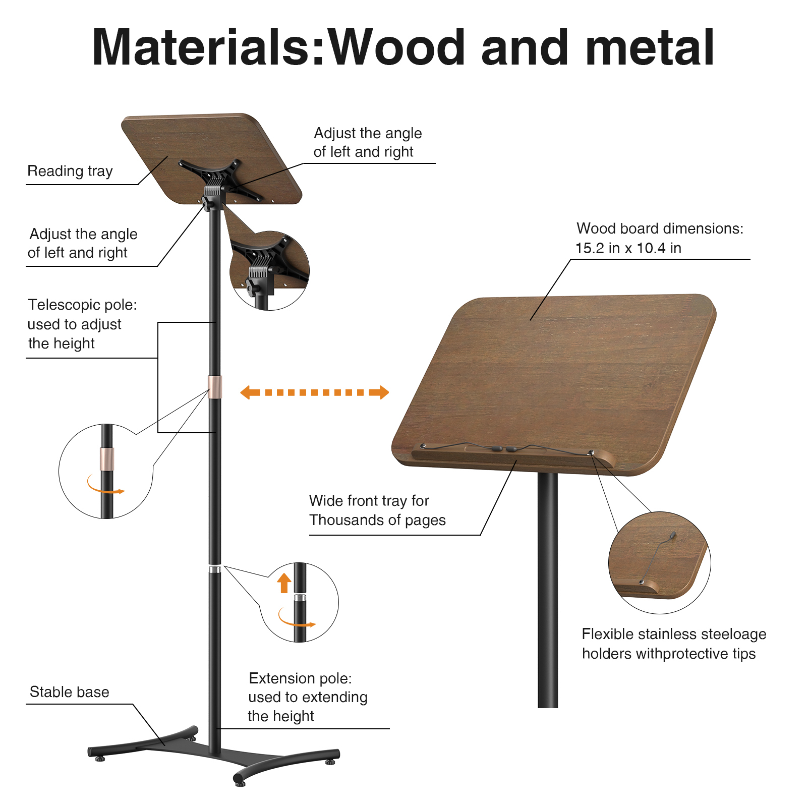 Anmytek Adjustable Floor Book Stand with Elastic Page Clips, Wooden Music Stand, Book Reading Holder