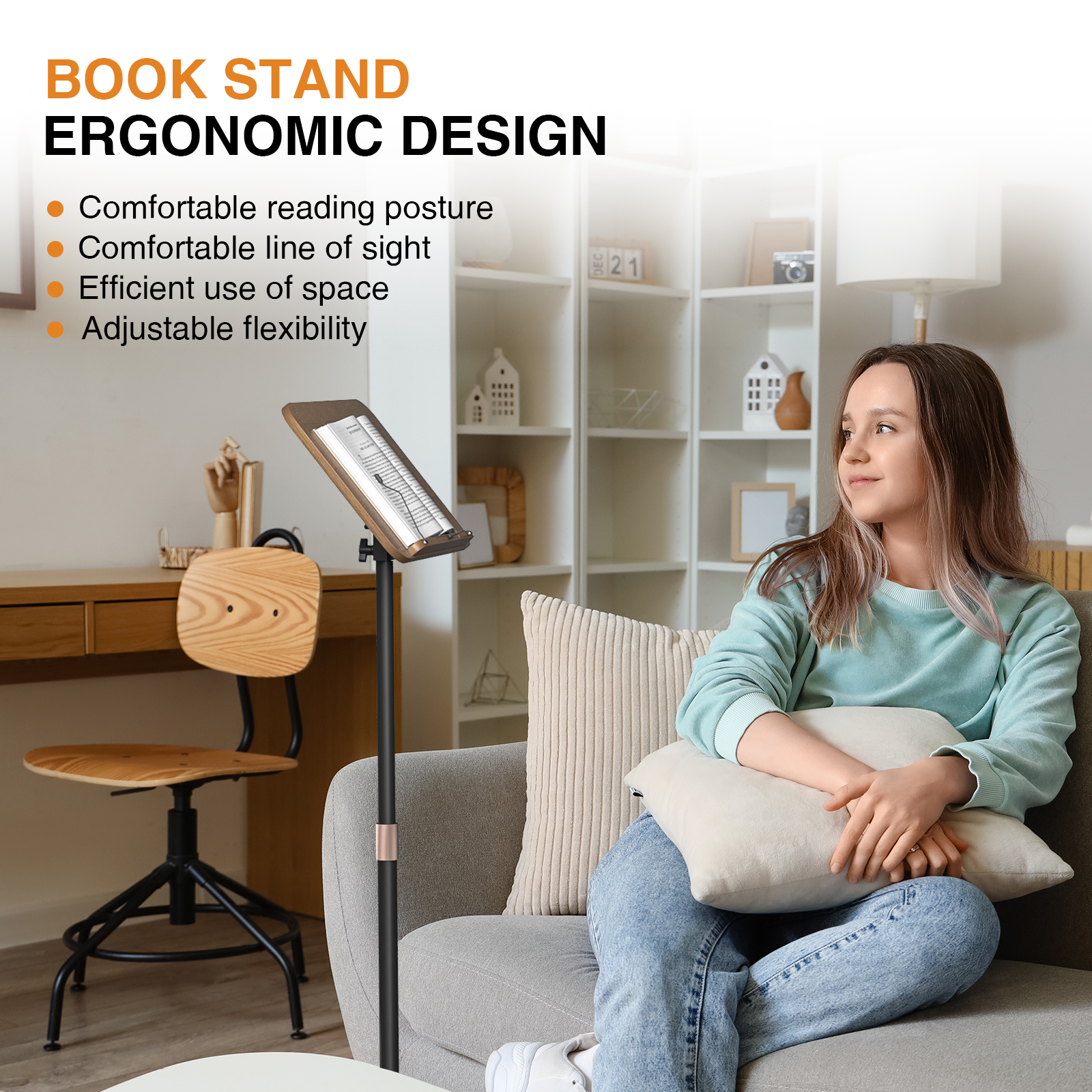 Anmytek Adjustable Floor Book Stand with Elastic Page Clips, Wooden Music Stand, Book Reading Holder