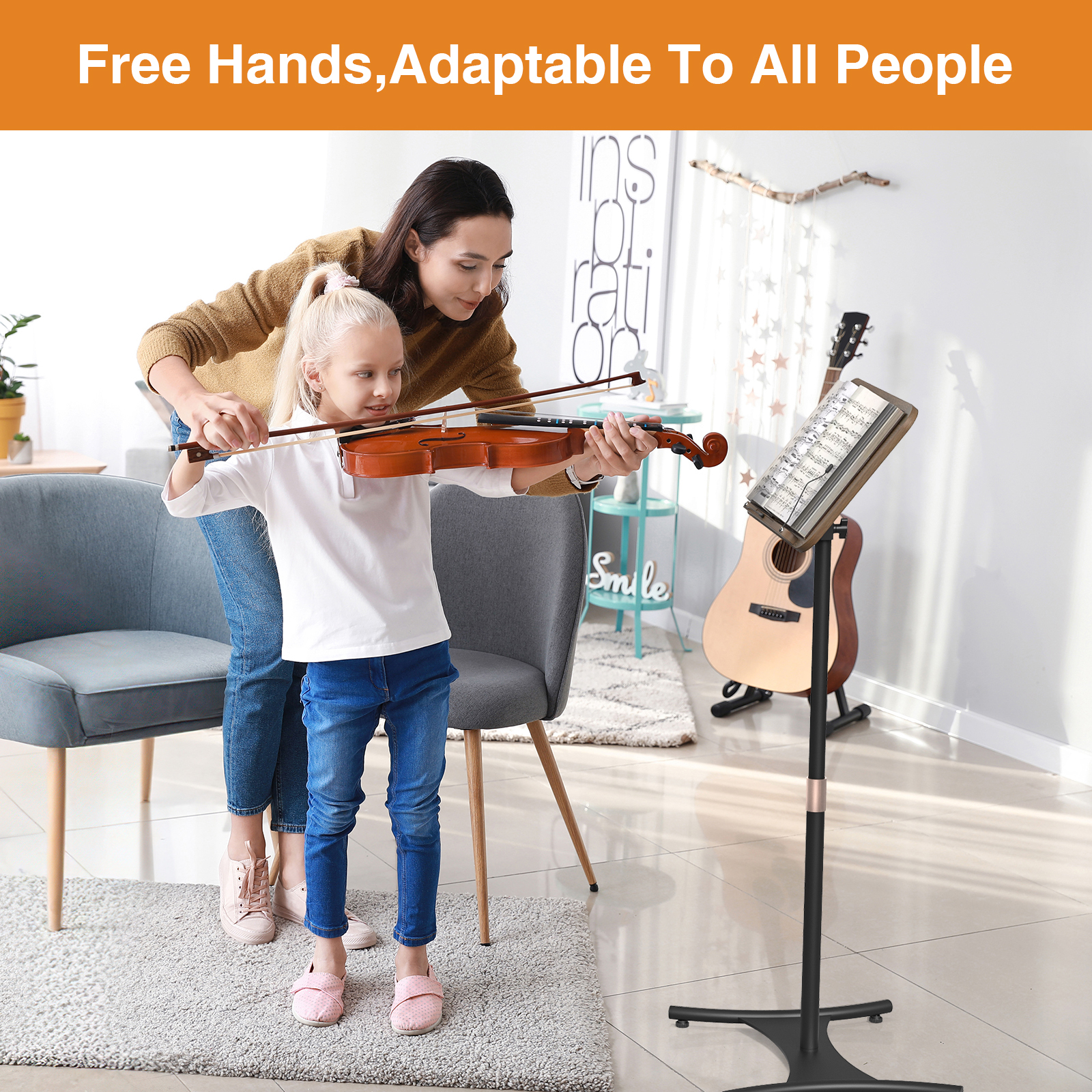 Anmytek Adjustable Floor Book Stand with Elastic Page Clips, Wooden Music Stand, Book Reading Holder