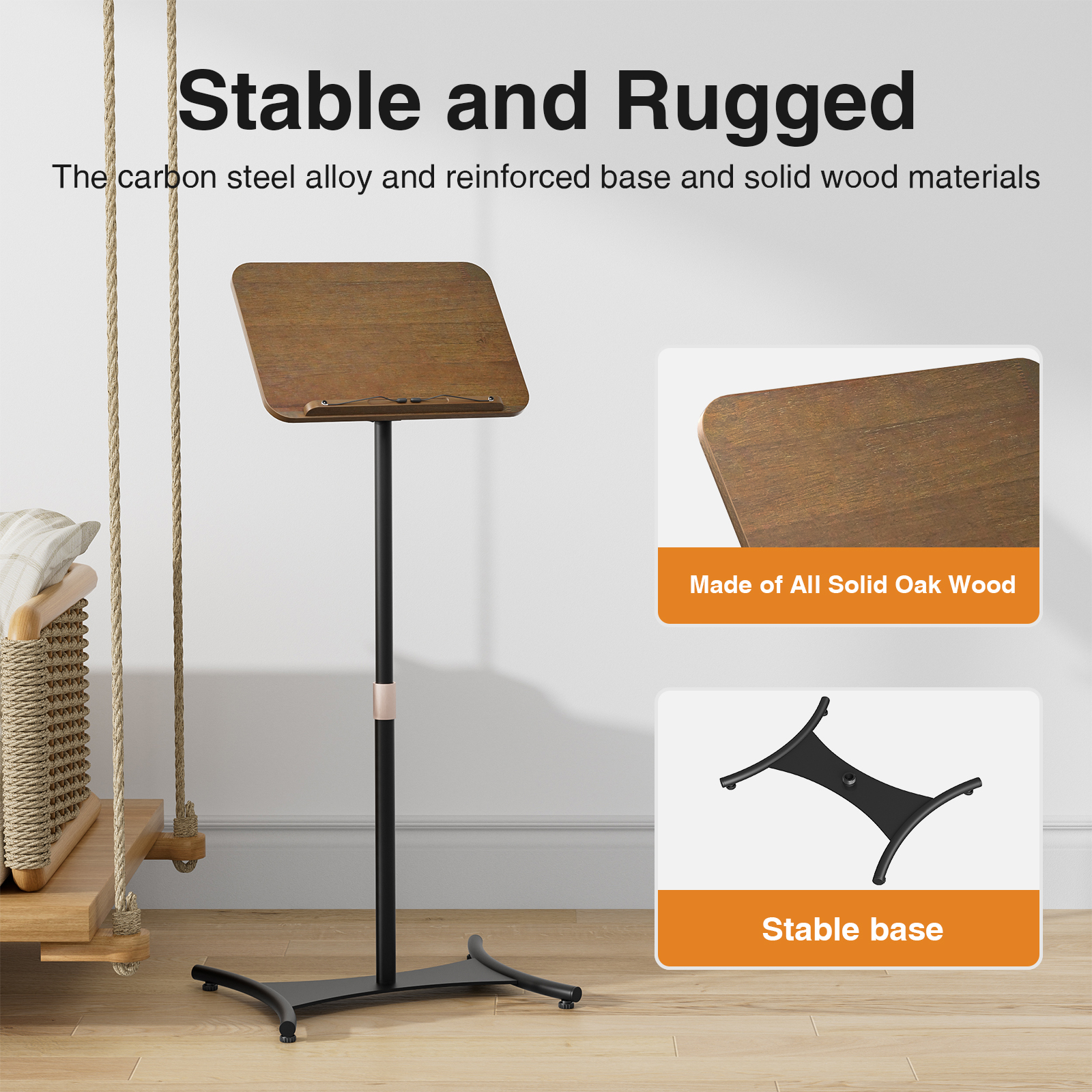 Anmytek Adjustable Floor Book Stand with Elastic Page Clips, Wooden Music Stand, Book Reading Holder