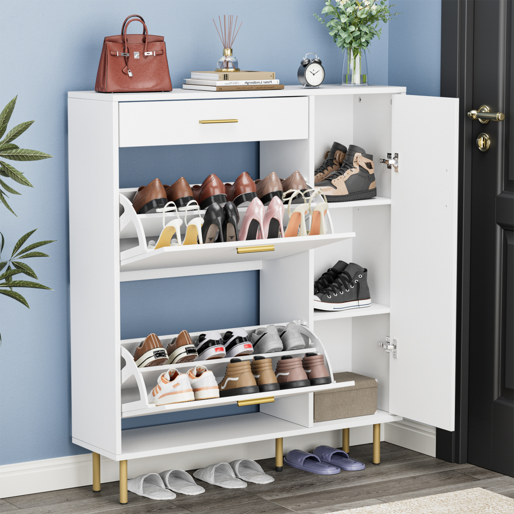 Anmytek Narrow Shoe Cabinet with 2 Flip Drawers, Freestanding Hidden Shoe Cabinet Organizer with Side Cabinet