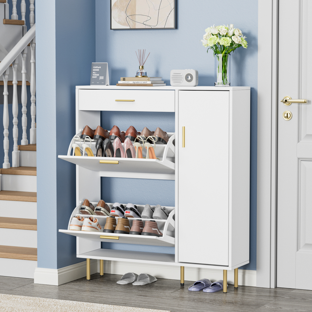 Anmytek Narrow Shoe Cabinet with 2 Flip Drawers, Freestanding Hidden Shoe Cabinet Organizer with Side Cabinet