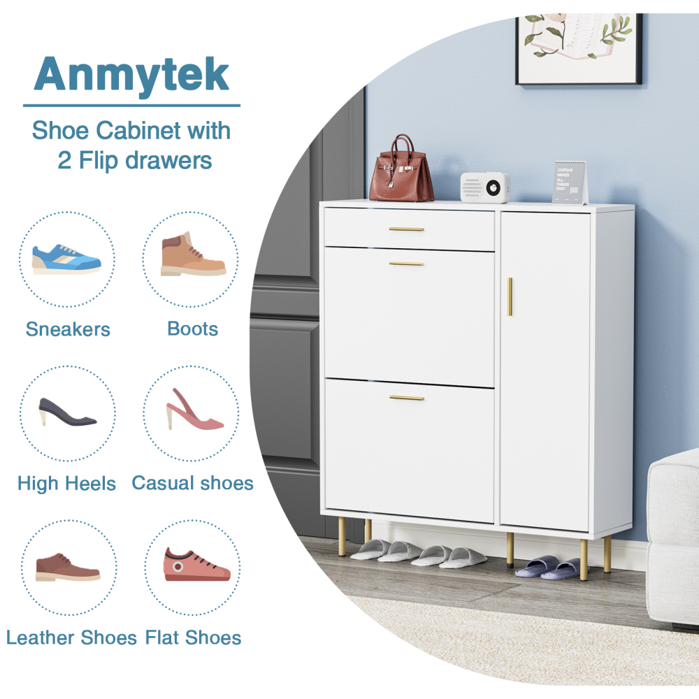 Anmytek Narrow Shoe Cabinet with 2 Flip Drawers, Freestanding Hidden Shoe Cabinet Organizer with Side Cabinet