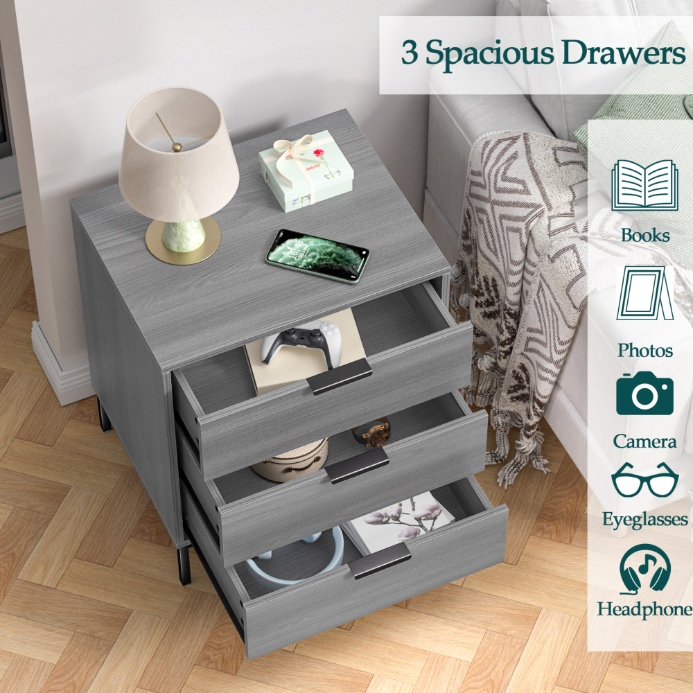 Anmytek Nightstand with 3 Drawers, Wood Night Stand for Bedroom with Drawers Bedside Table Sofa End Side Table
