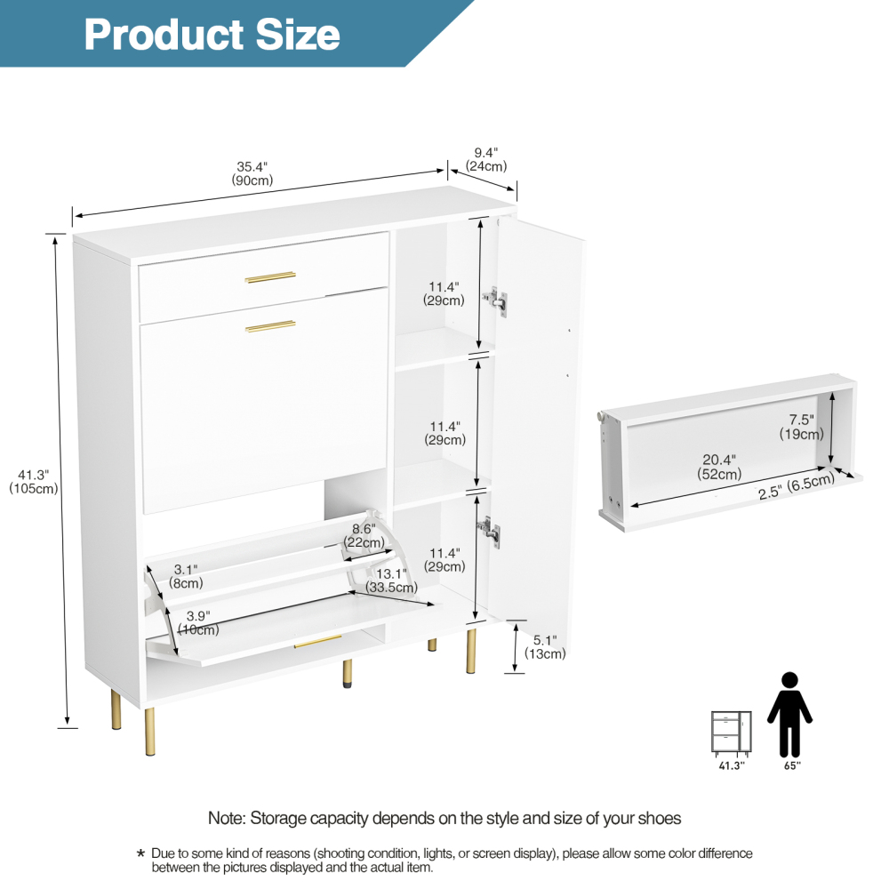 Anmytek Narrow Shoe Cabinet with 2 Flip Drawers, Freestanding Hidden Shoe Cabinet Organizer with Side Cabinet