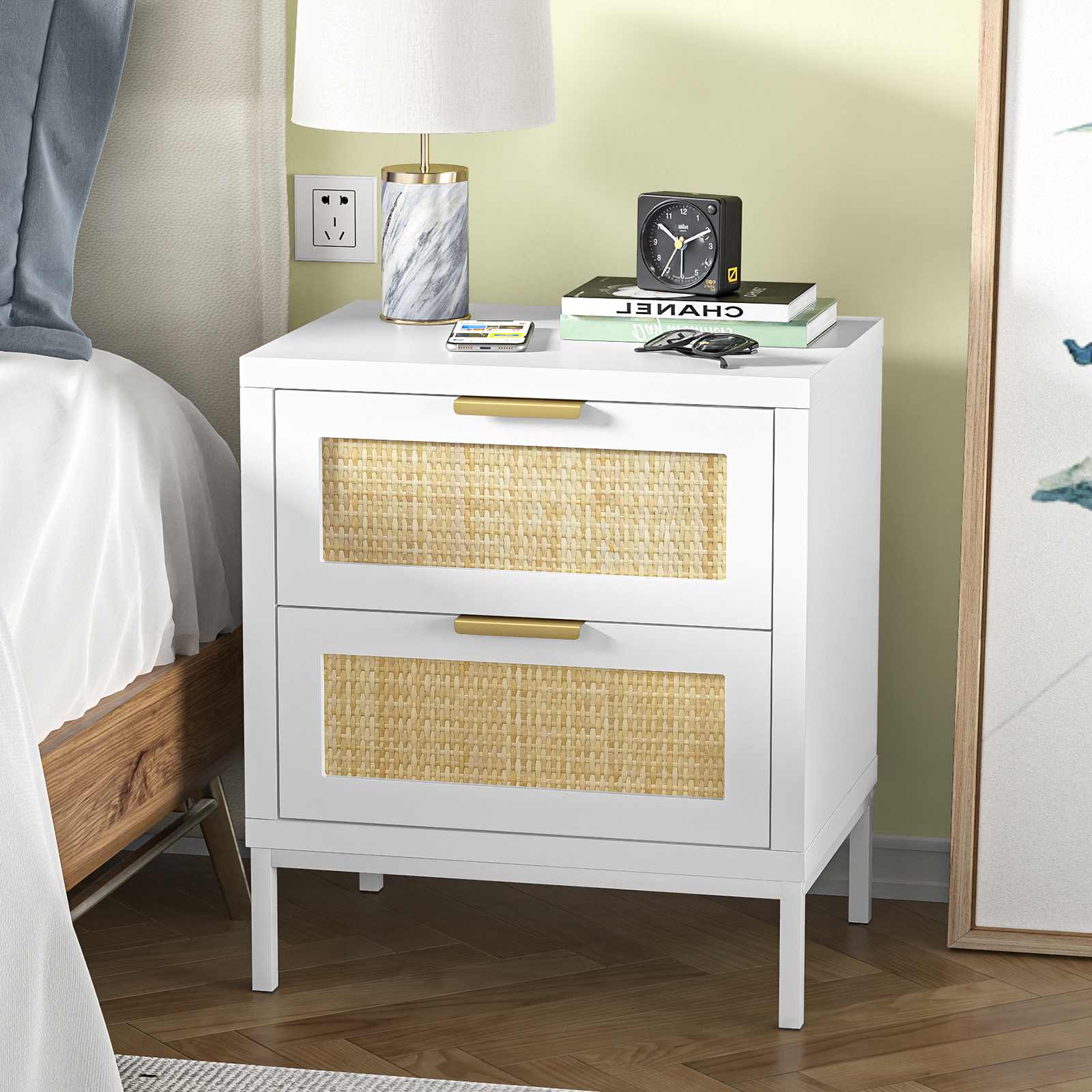 Anmytek Rattan Nightstand 21.5" H Side Table with 2 Drawers