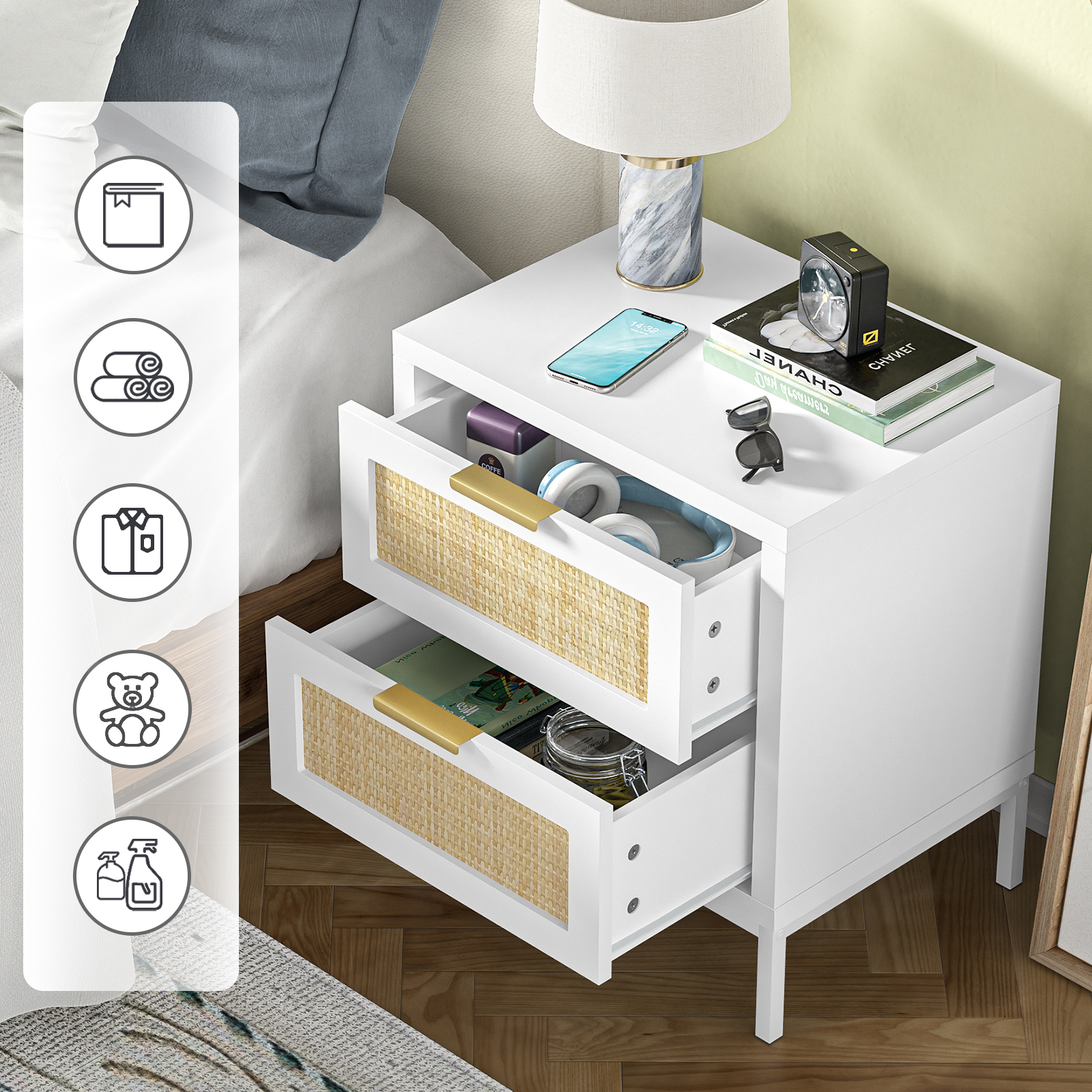 Anmytek Rattan Nightstand 21.5" H Side Table with 2 Drawers