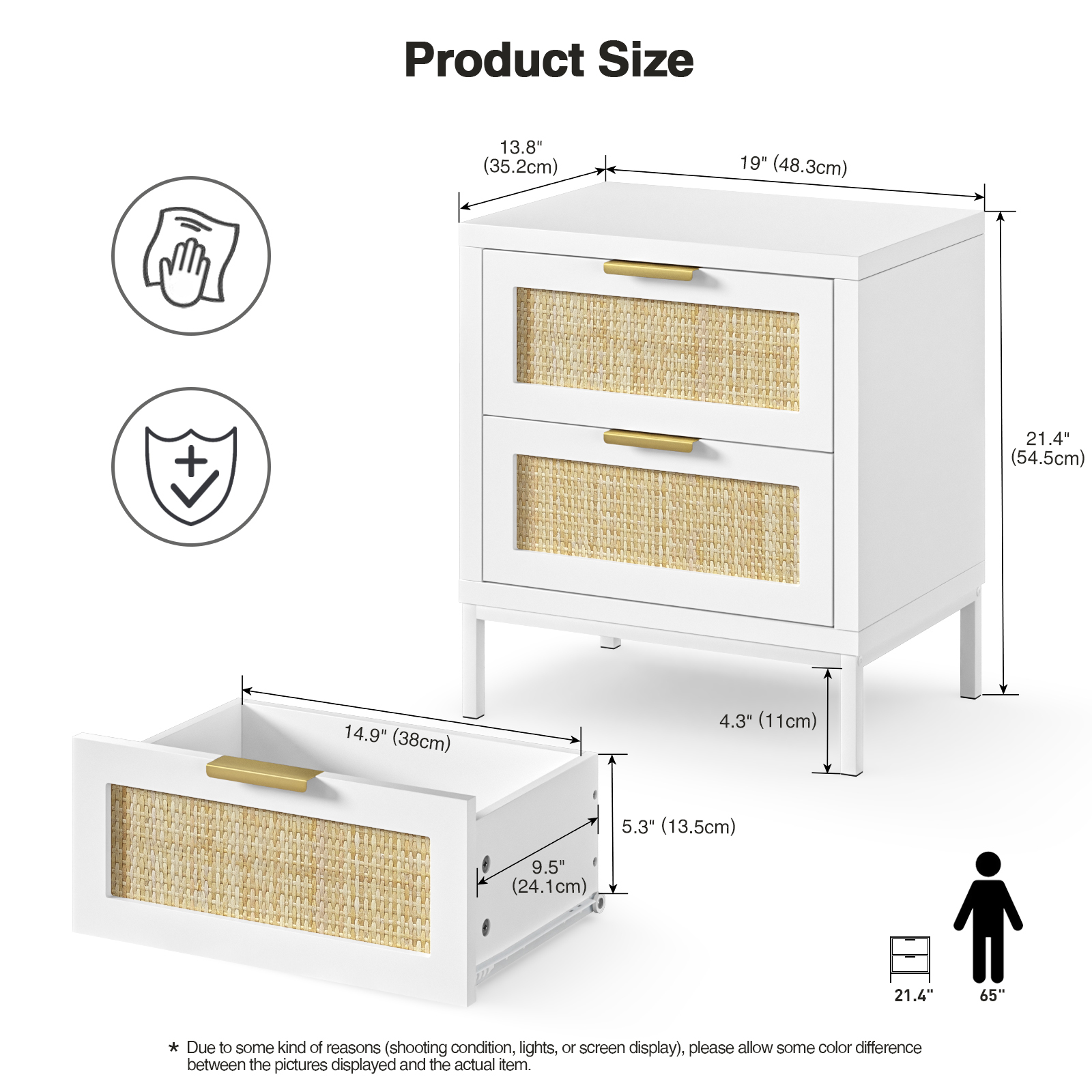 Anmytek Rattan Nightstand 21.5" H Side Table with 2 Drawers