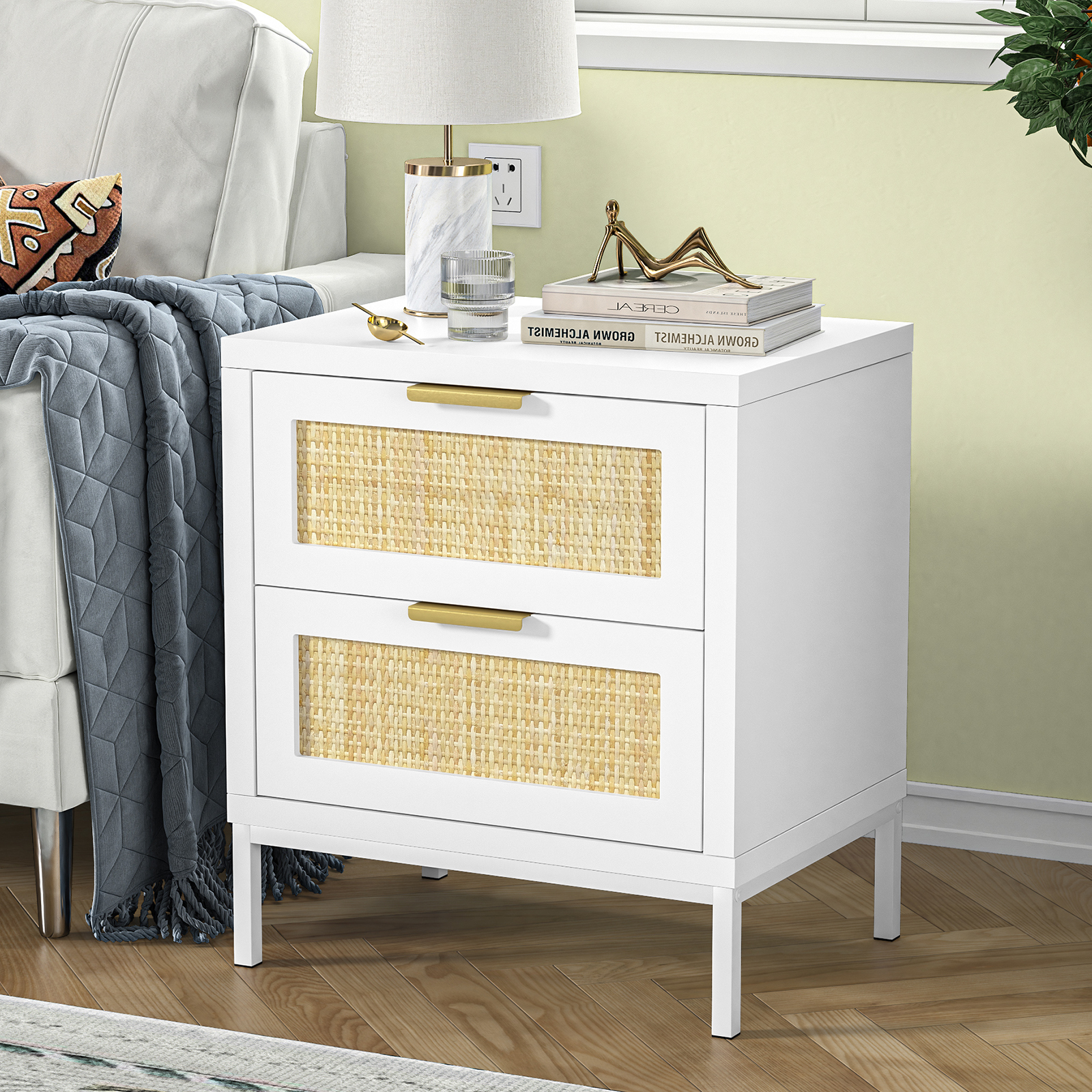 Anmytek Rattan Nightstand 21.5" H Side Table with 2 Drawers