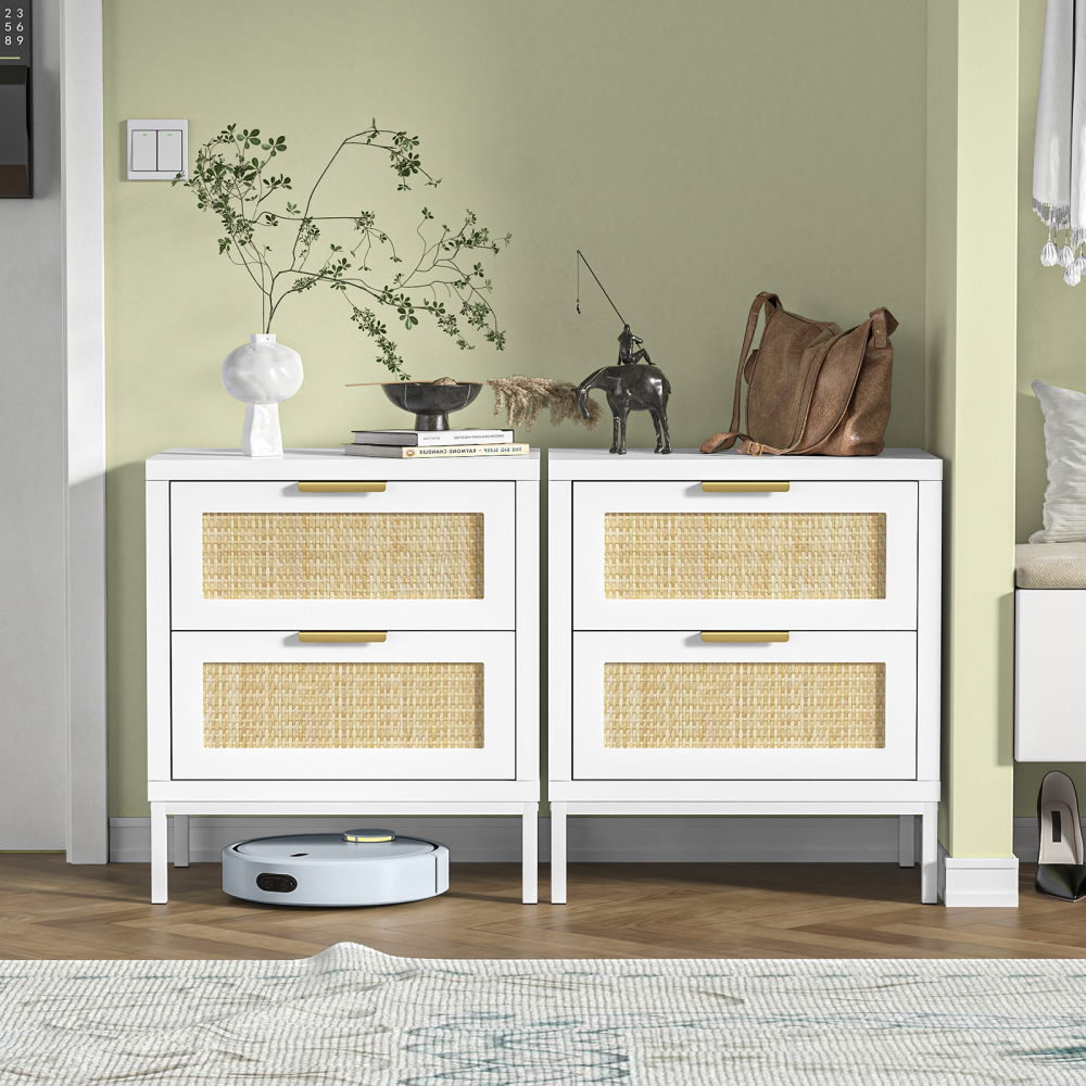Anmytek Rattan Storage Cabinet 2 Drawer Nightstand