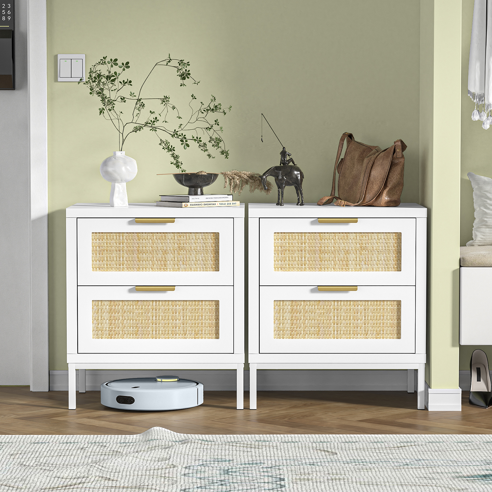 Anmytek Rattan Nightstand 21.5" H Side Table with 2 Drawers
