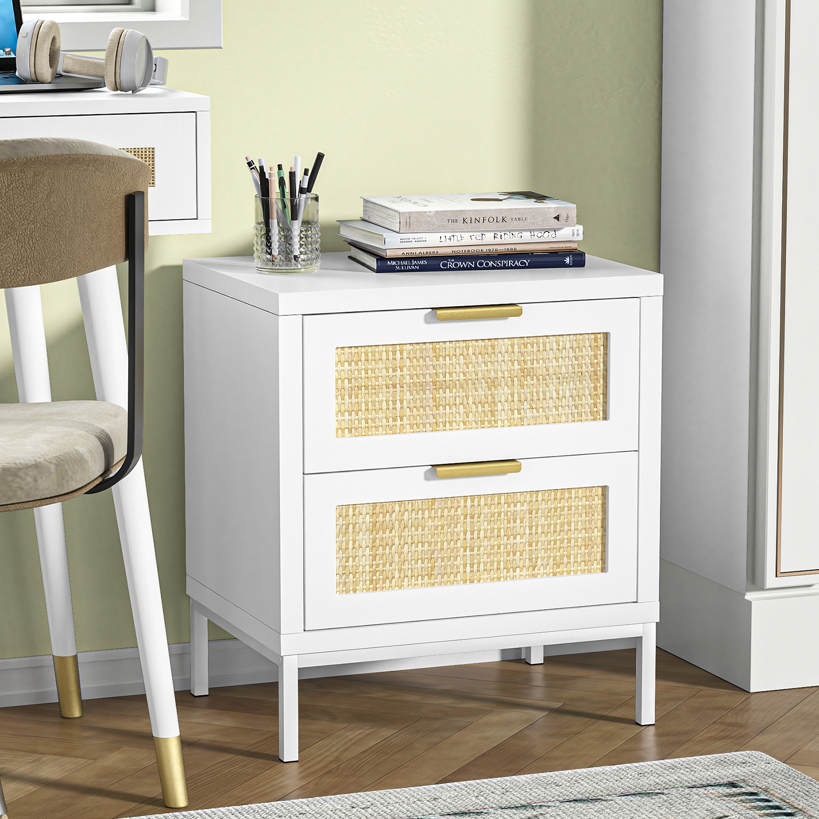 Anmytek Rattan Nightstand 21.5" H Side Table with 2 Drawers