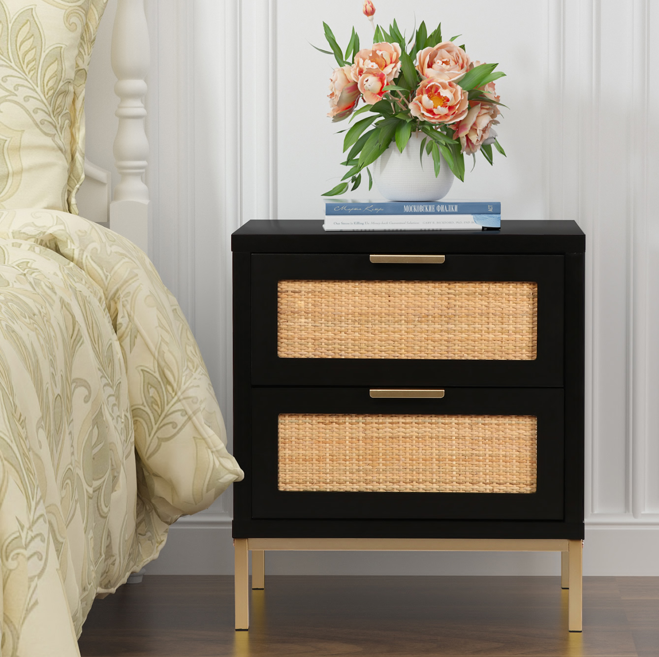 Anmytek Rattan Nightstand 21.5" H Side Table with 2 Drawers