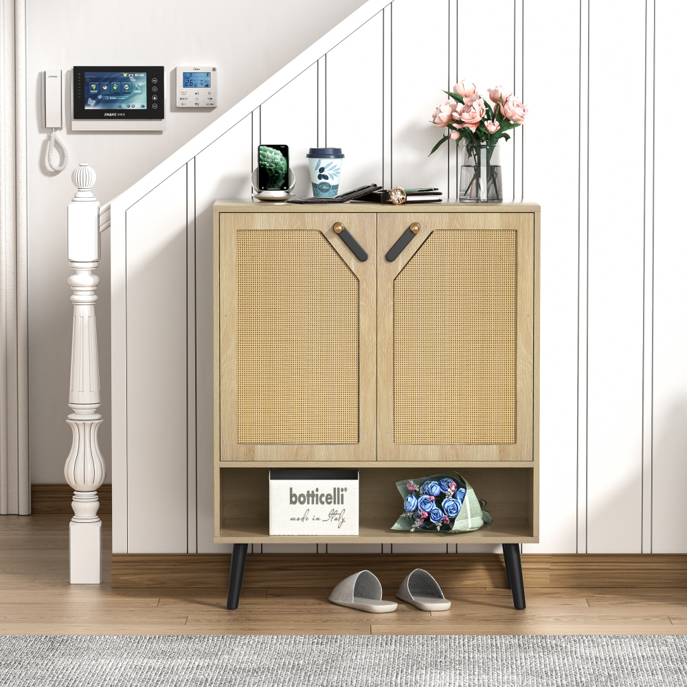 Anmytek 5-Tier Rattan Sideboard Storage Cabinet, 20 Pair Wood Shoe Cabinet for Kitchen, Entryway, Hallway
