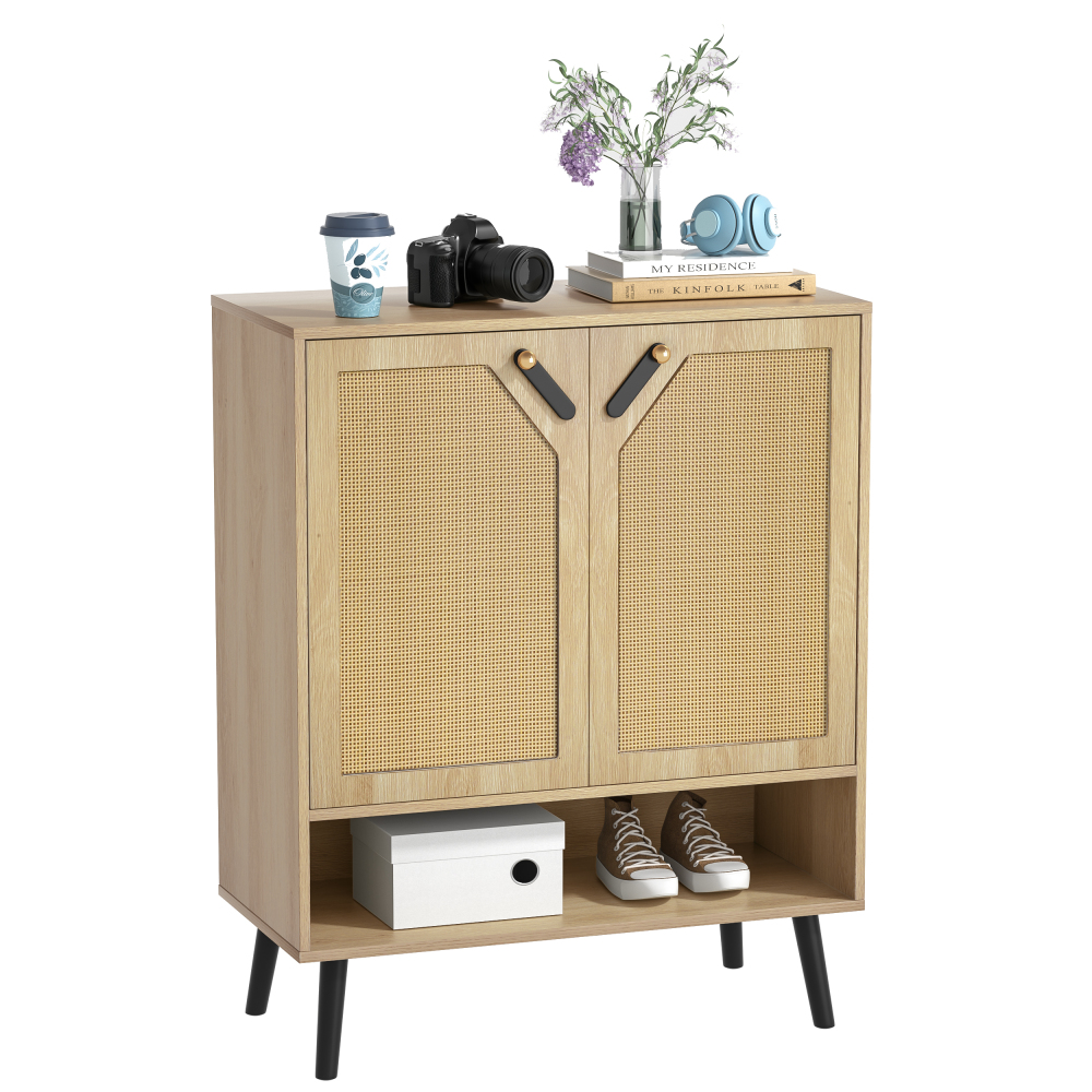 Anmytek 5-Tier Rattan Sideboard Storage Cabinet, 20 Pair Wood Shoe Cabinet for Kitchen, Entryway, Hallway