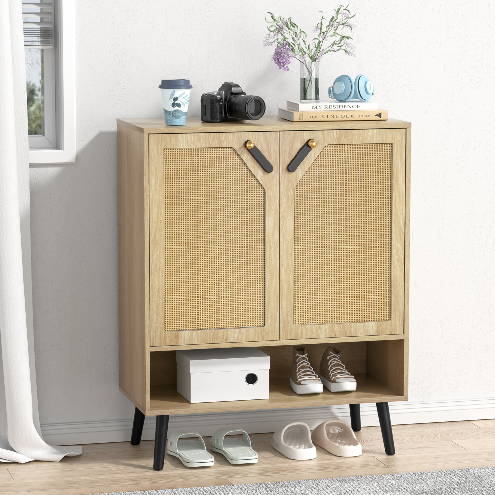 Anmytek 5-Tier Rattan Sideboard Storage Cabinet, 20 Pair Wood Shoe Cabinet for Kitchen, Entryway, Hallway