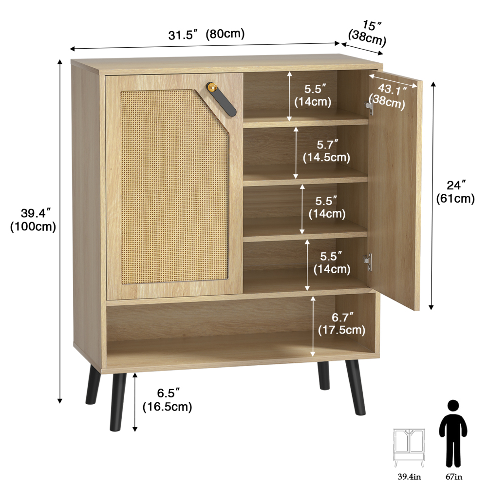 Anmytek 5-Tier Rattan Sideboard Storage Cabinet, 20 Pair Wood Shoe Cabinet for Kitchen, Entryway, Hallway