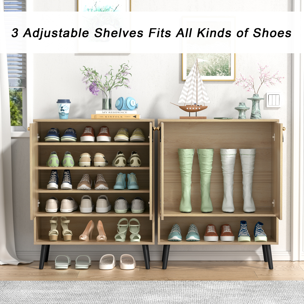 Anmytek 5-Tier Rattan Sideboard Storage Cabinet, 20 Pair Wood Shoe Cabinet for Kitchen, Entryway, Hallway