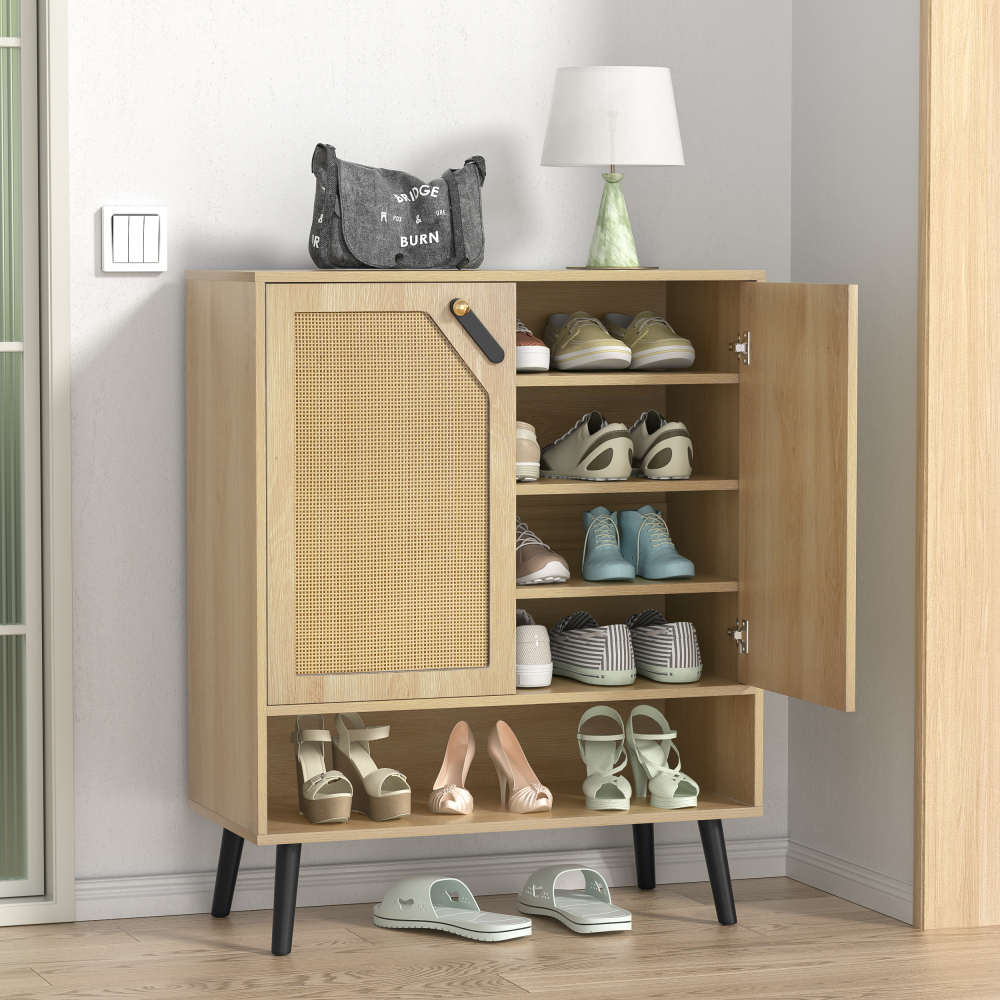 Anmytek 5-Tier Rattan Sideboard Storage Cabinet, 20 Pair Wood Shoe Cabinet for Kitchen, Entryway, Hallway