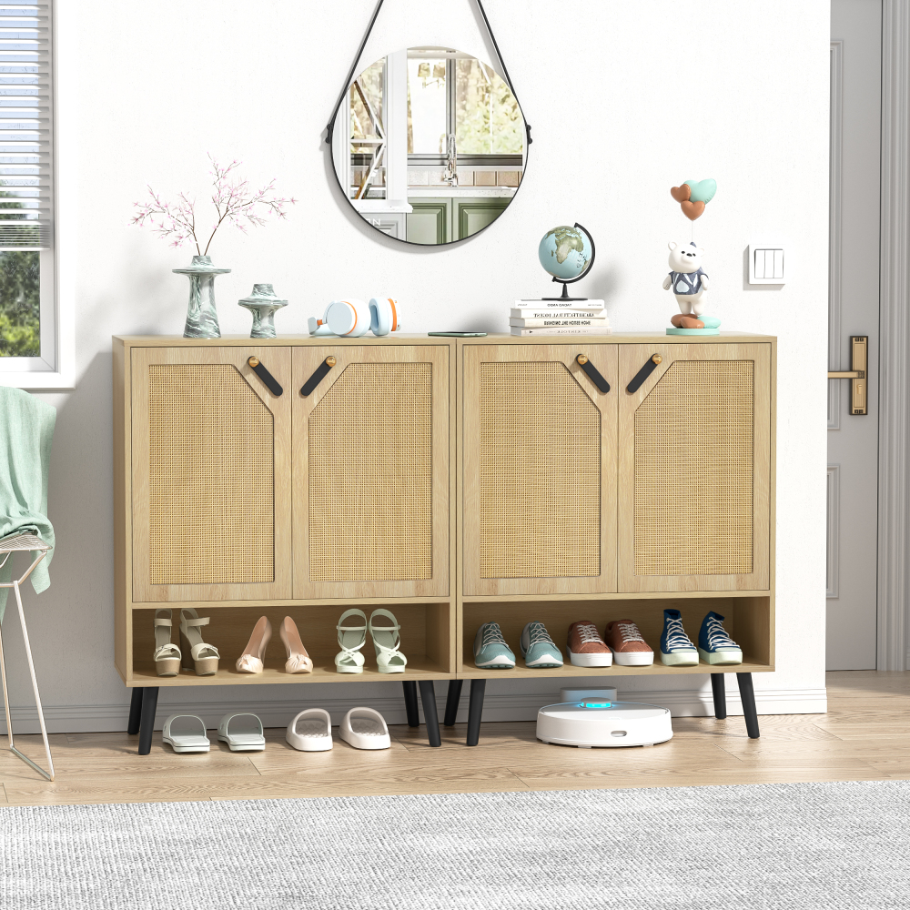 Anmytek 5-Tier Rattan Sideboard Storage Cabinet, 20 Pair Wood Shoe Cabinet for Kitchen, Entryway, Hallway