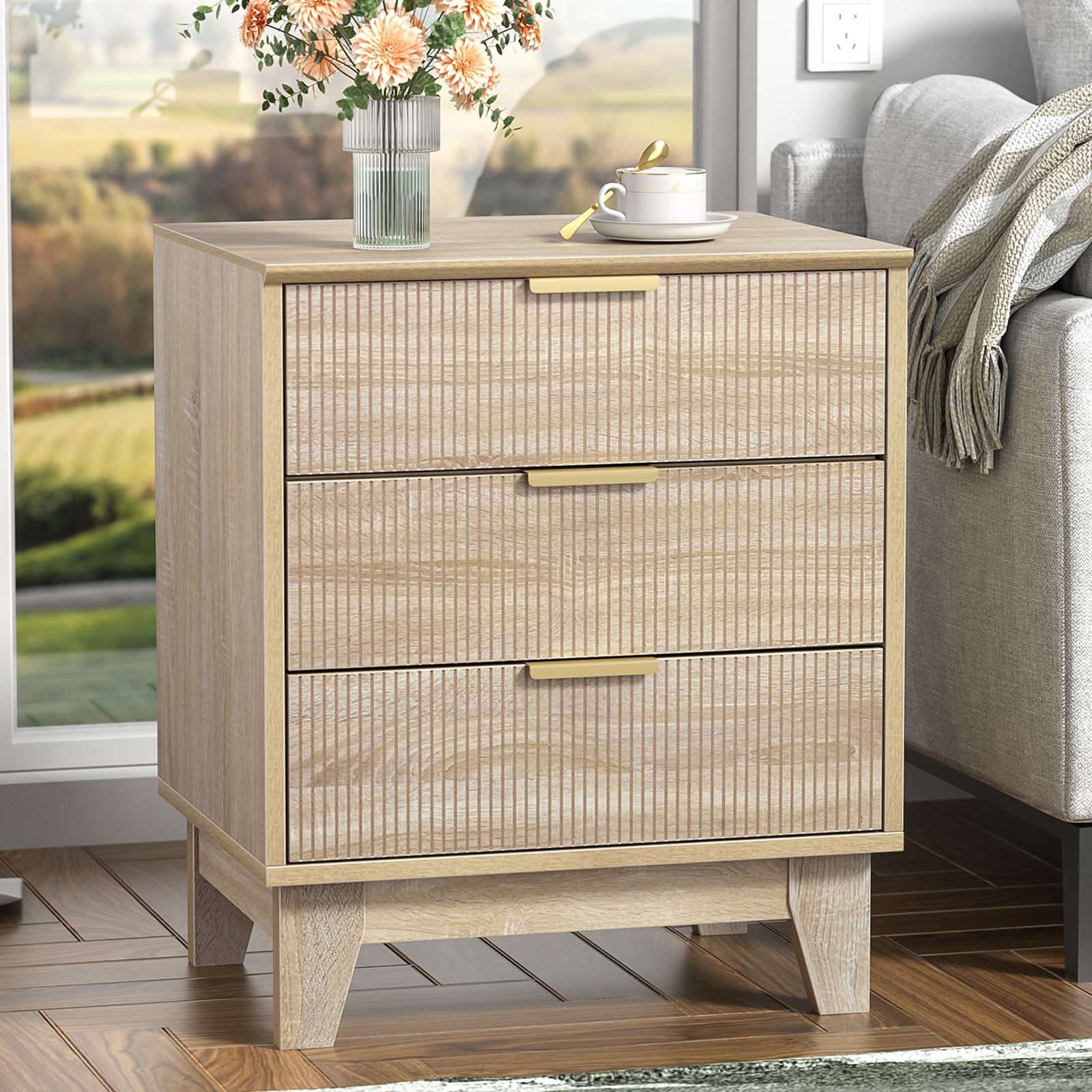 Anmytek Fluted Nightstand with 3 Drawers, Modern Side Table, Farmhouse End Table for Sofa