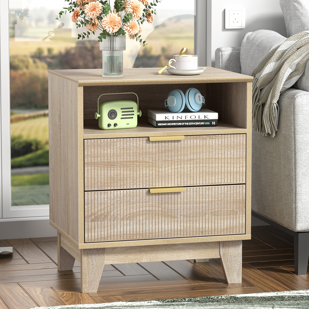 Anmytek Fluted Nightstand with 2 Drawers, Modern Side Table, Farmhouse End Table for Sofa, Bedside Table