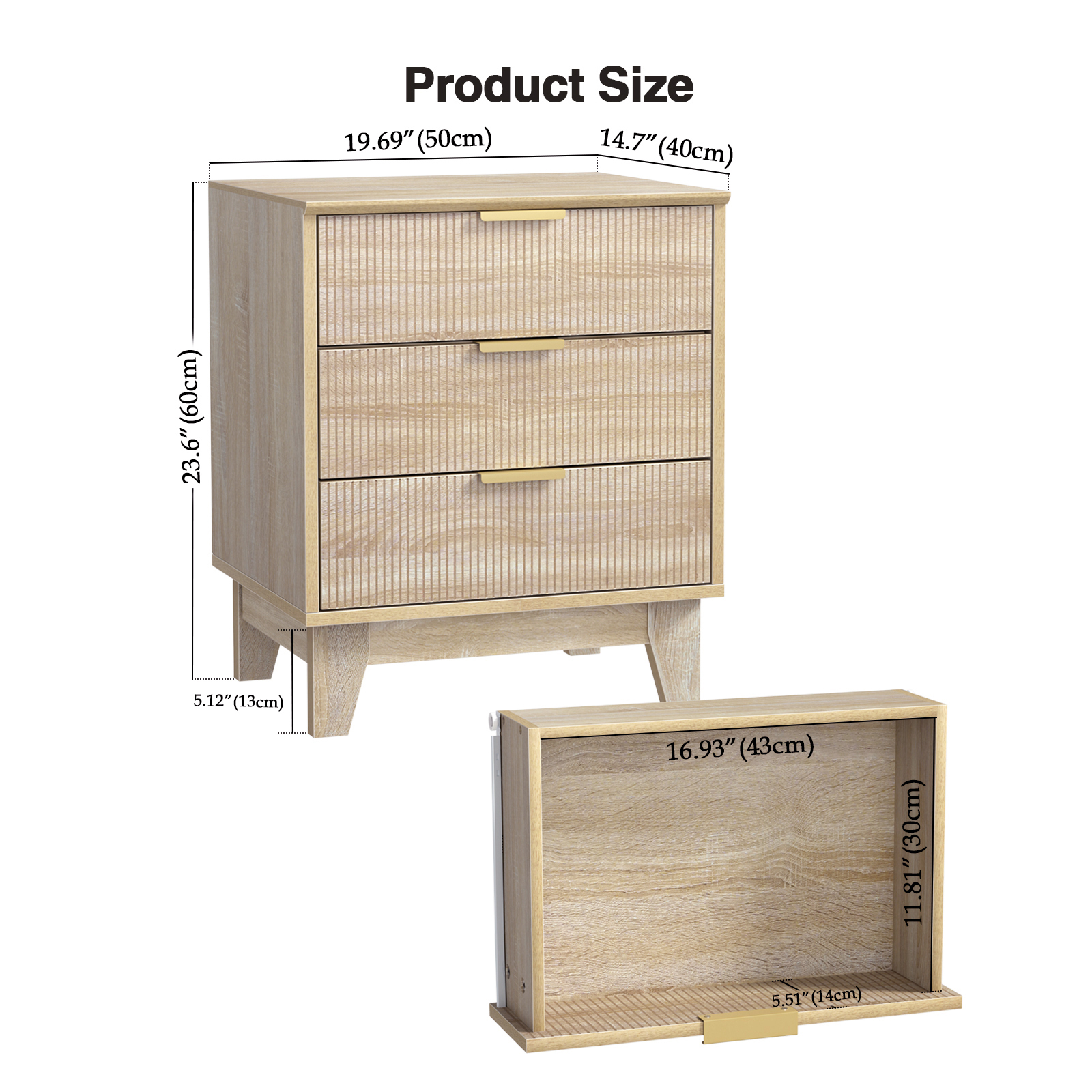 Anmytek Fluted Nightstand with 3 Drawers, Modern Side Table, Farmhouse End Table for Sofa