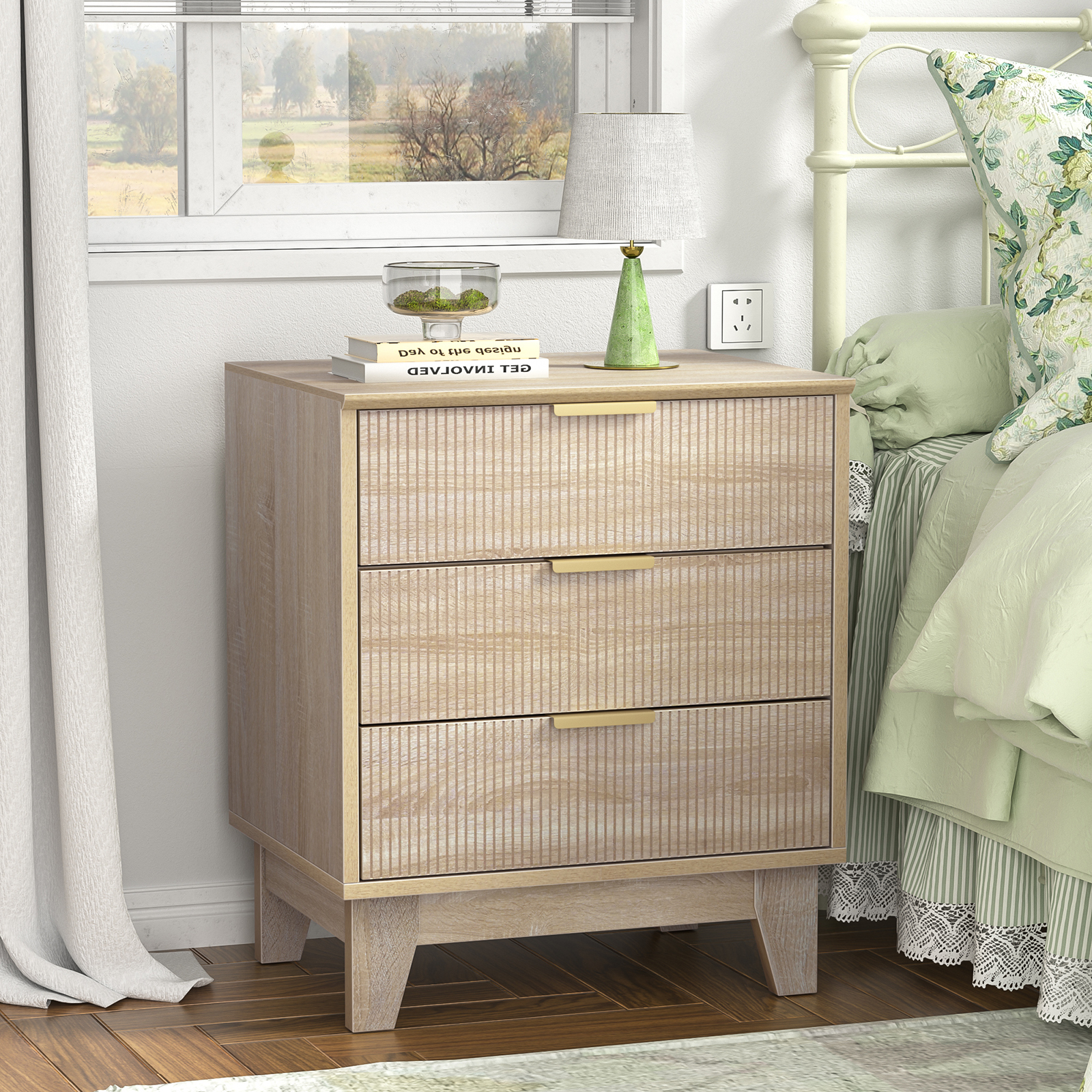Anmytek Fluted Nightstand with 3 Drawers, Modern Side Table, Farmhouse End Table for Sofa