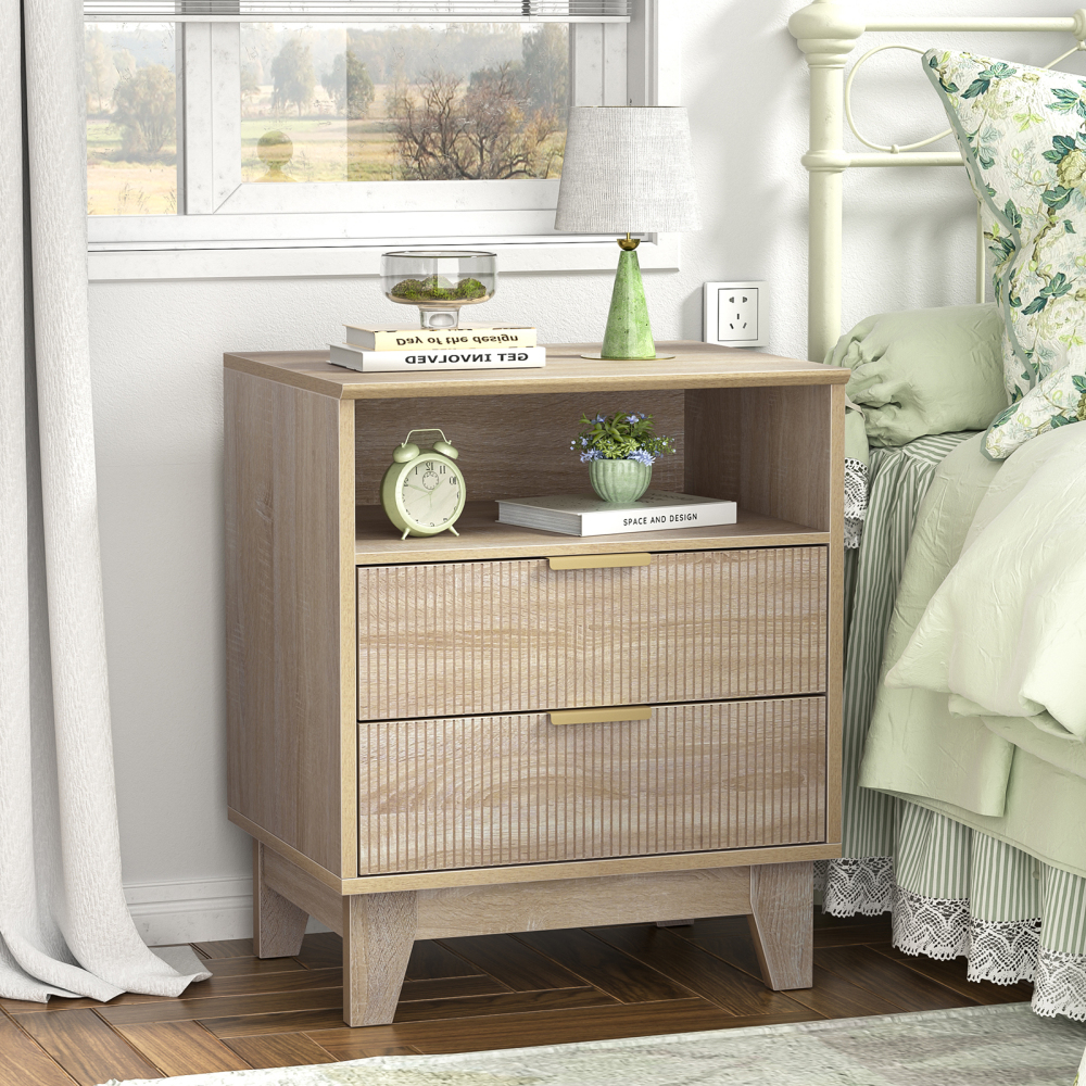 Anmytek Fluted Nightstand with 2 Drawers, Modern Side Table, Farmhouse End Table for Sofa, Bedside Table